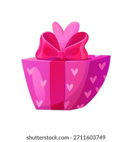 Caja de regalo con arco de coqueta aislado sobre un fondo blanco. Perfecto para celebraciones de Festiva, cumpleaños, día de San Valentín, Navidades y año Nuevo. Concepto de amor y romance. Vector ilustración de dibujos animados.