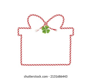 Gift box with cord string border, blank card with leaf clover pendant,
Vector illustration isolated on white background
