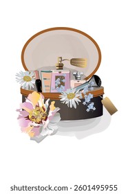Gift box with cosmetics and a perfume. Accessories and flowers. Hand drawn vector illustration.