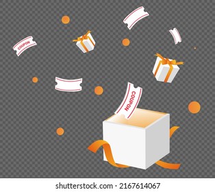 gift box and coupons pouring out illustration set. lotto, confetti, luck, paper flower, shop. Vector drawing. Hand drawn style.