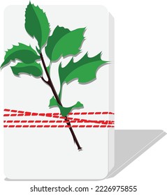 
Gift box covered with white paper with green leaves wrapped with red ribbon