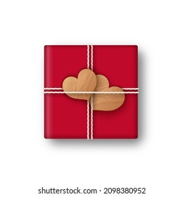 Gift box craft style isolated on white background. Red square box with rope, decorated hearts shape wooden. Top view. Vector illustration.
