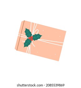 Geschenkbox in der Herstellung von Papier mit Misteloe. Öko-Paket mit Deko-Elementen. Flache Vektorgrafik.