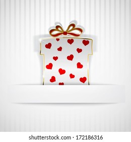 Gift box cut out of paper with red hearts on white striped background