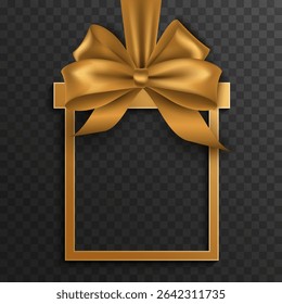 Gift box cut out of paper with a luxurious gold ribbon and bow on a transparent background. 3D Label for holiday, celebration, sales, adds and festive premium design. Vector illustration.