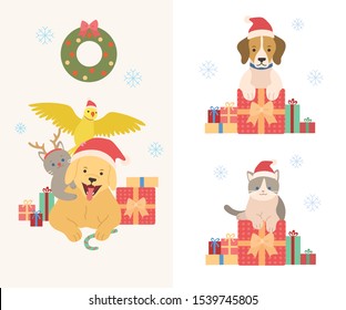 Gift box with cute dog, cat and parrot. Happy Christmas greeting card. hand drawn style vector design illustrations. 