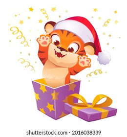 Gift box with cute tiger in christmas hat leap out