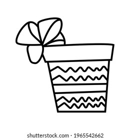 Gift box decorated with a bow edge. Contour hand drawn illustration in doodle style. Graphic design element for advertising, flyer, poster, postcard, online store. Vector