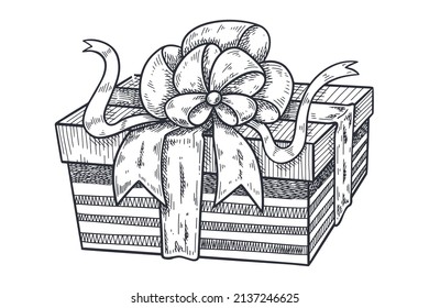 Gift box decorated with bow and ribbon hand drawn sketch vector illustration.