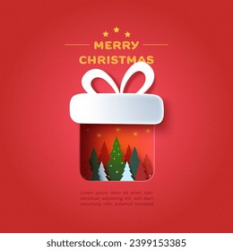 Gift Box decorated with Christmas Trees . Merry Christmas and winter season on red background. Vector illustration in paper art craft 