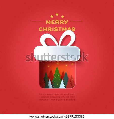 Gift Box decorated with Christmas Trees . Merry Christmas and winter season on red background. Vector illustration in paper art craft 