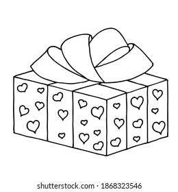 The gift box is decorated with hearts and wrapped in ribbon. Hand drawn illustration. Doodle style. Coloring for children.