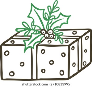 Gift box decorated mistletoe berries with leaves vector doodle illustration. Festive surprise box with ilex twig line art isolated on white. Happy New Year and Merry Christmas winter holiday present