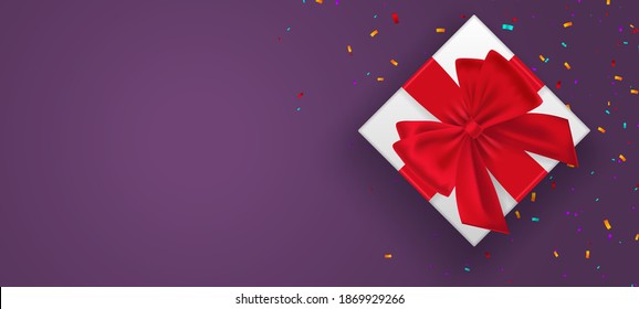 Gift box decorated with rope bow, red berries isolated on purple background vector illustration. Christmas and New Year banner. Top view. Copy space. Xmas holiday. Vector illustration.