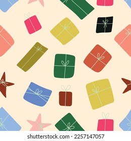 Gift Box with decoration. Holiday present in bright packaging decorated with bows. Vector illustration, great design for any purposes