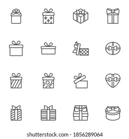 Gift box decoration line icons set, outline vector symbol collection, linear style pictogram pack. Signs, logo illustration. Set includes icons as Christmas gift box with ribbon bow, new year present