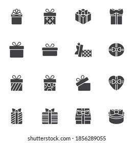 Gift box decoration vector icons set, modern solid symbol collection, filled style pictogram pack. Signs, logo illustration. Set includes icons as Christmas gift box with ribbon bow, new year present