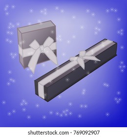 Gift box with decorations on a blue background with snowflakes