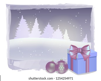 Gift box and decorations on winter landscape background. Christmas and New Year vector illustration. 