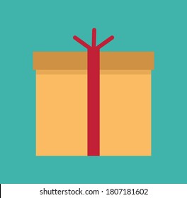 Gift box with decorative drawing on wrapping paper, yellow box and ribbon raster illustration isolated on green background. Present wrapped package icon