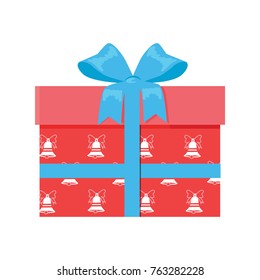 Gift box with decorative drawing on wrapping paper, red box and blue ribbon vector illustration isolated on white background. Present wrapped package icon
