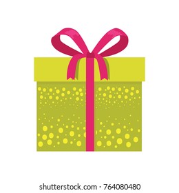 Gift box with decorative drawing on wrapping paper, red box and ribbon vector illustration isolated on white background. Present wrapped package icon