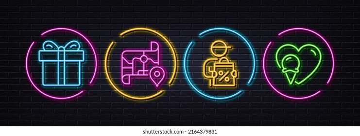 Gift box, Delivery discount and Map minimal line icons. Neon laser 3d lights. Ice cream icons. For web, application, printing. Present package, Courier, Journey road. Sundae cone. Vector
