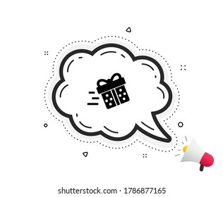 Gift box Delivery icon. Quote speech bubble. Present or Sale sign. Birthday Shopping symbol. Package in Gift Wrap. Quotation marks. Classic present delivery icon. Vector