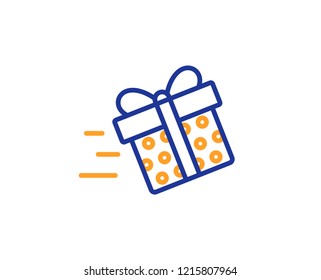 Gift box Delivery line icon. Present or Sale sign. Birthday Shopping symbol. Package in Gift Wrap. Colorful outline concept. Blue and orange thin line color icon. Present delivery Vector