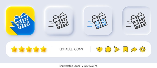 Gift box Delivery line icon. Neumorphic, Flat shadow, 3d buttons. Present or Sale sign. Birthday Shopping symbol. Package in Gift Wrap. Line present delivery icon. Social media icons. Vector