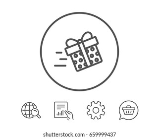 Gift box Delivery line icon. Present or Sale sign. Birthday Shopping symbol. Package in Gift Wrap. Hold Report, Service and Global search line signs. Shopping cart icon. Editable stroke. Vector