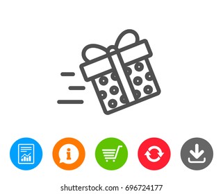 Gift box Delivery line icon. Present or Sale sign. Birthday Shopping symbol. Package in Gift Wrap. Report, Information and Refresh line signs. Shopping cart and Download icons. Editable stroke. Vector
