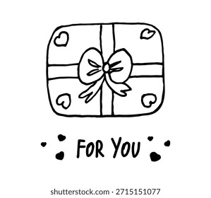 A gift box design with a bow and hearts and the handwritten text "For you". A love gift concept for a Valentine's Day, birthday, or wedding card.