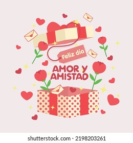gift box design with flowers and hearts. translation: "Happy day. love and friendship."