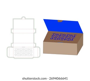 Diseño de caja de regalo con tapa y recortes decorativos Plantilla desplegada plana y vista montada sobre fondo blanco