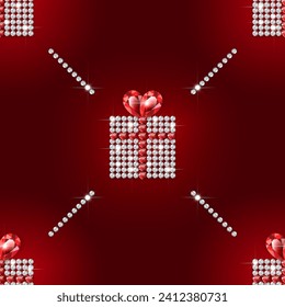 Gift box with diamonds and rubies in the shape of a heart on a red background seamless pattern. Gift for Valentine's Day, birthday, anniversary, women's day. Vector