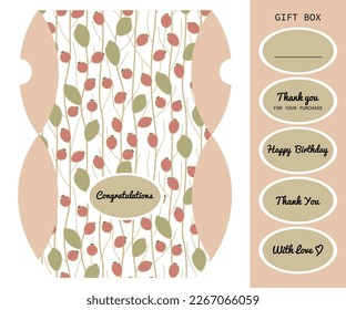 Gift box die cut template with cute botanic pattern and set of labels. Vintage style