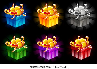 Gift box in different colors. Cartoon isometric Gifts vector bonus icons for UI game resources.