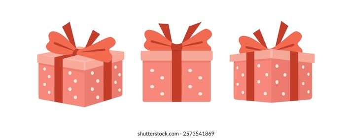 Gift box in different position. Birthday box. Pink box. Ribbon gift box. Parcel. Giveaway. Prize. Present. Valentine gift. Birthday gifts. 