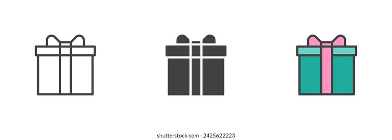 Geschenkbox anderer Stil Icon Set. Linie, Glyphe und gefüllte Kontur farbige Version, Kontur und gefüllte Vektor-Zeichen. Überraschungssymbol, Logo-Illustration Vektorgrafik