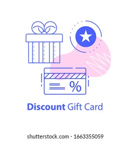 Gift box and discount card, loyalty program, earn points, redeem gift, shopping coupon concept, vector line icon