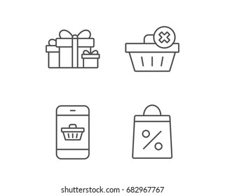 Gift box, Discount and Sale line icons. Shopping cart symbol. Online buying. Quality design elements. Editable stroke. Vector