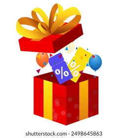gift box with a discount voucher or coupon as a percentage of the sale, confetti, Holiday sale, bonus program offer. Vector illustration