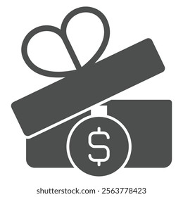 Gift box with dollar coin solid icon, finance concept. Vector graphics. Paper box with bow and money coin sign on white background, glyph style icon for mobile or web design