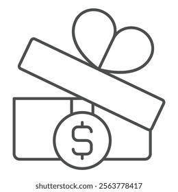Gift box with dollar coin thin line icon, finance concept. Vector graphics. Paper box with bow and money coin sign on white background, outline style icon for mobile or web design