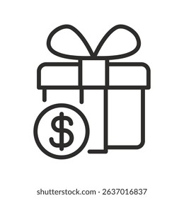 gift box with dollar icon,  loyalty program, money reward, bonus, thin line vector illustration eps10
