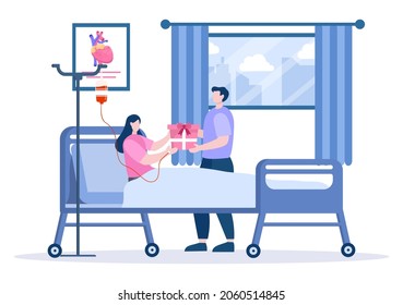 Gift Box Donation to Hospital Room Background Vector illustration. Man Giving gift for Female Patient