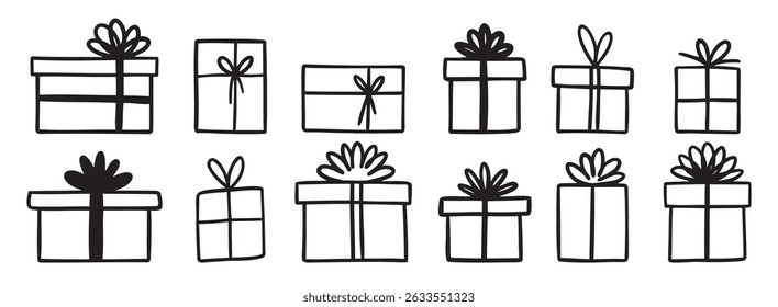 gift box doodle. Gift doodle bow present with ribbon illustration. Present hand drawn icon decorative outline element. Vector illustration