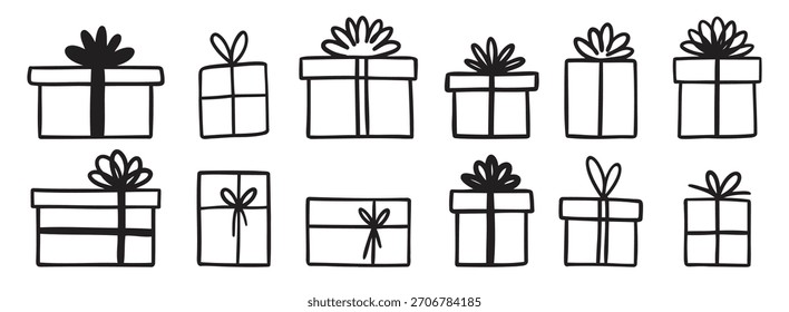 gift box doodle. Gift doodle bow present with ribbon illustration. Present hand drawn icon decorative outline element. Vector illustration