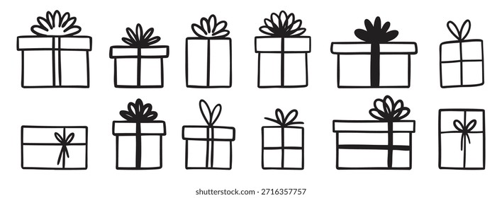 gift box doodle. Gift doodle bow present with ribbon illustration. Present hand drawn icon decorative outline element. Vector illustration